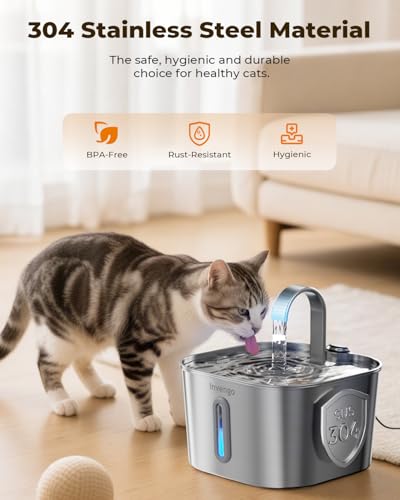 Cat Water Fountain Stainless Steel: 74oz/2.2L Cat Fountain for Drinking | Quiet Cats Water Bowl Dispenser | Pet Water Foun...