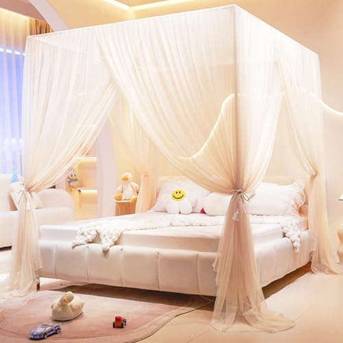 Akiky Princess Canopy Bed Curtains 4 Corners Post Mosquito Net - Cozy Drape Netting 4 Opening Bed Canopy Curtain for Girls...