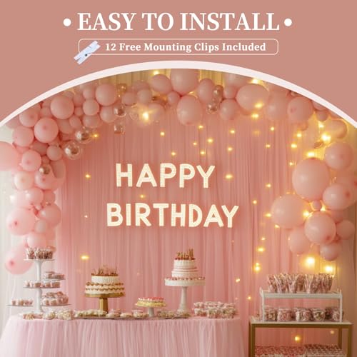 Patioman 10x10ft Pink Tulle Backdrop Curtain with String Lights, Wrinkle-Free Sheer Wedding Backdrop for Birthday Parties,...