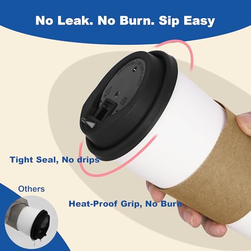 16 oz Coffee Cups + 16 Extra Cups Bulk Disposable To-Go Paper Cups with Lids and Sleeves for Hot Beverage, Chocolate, Coco...