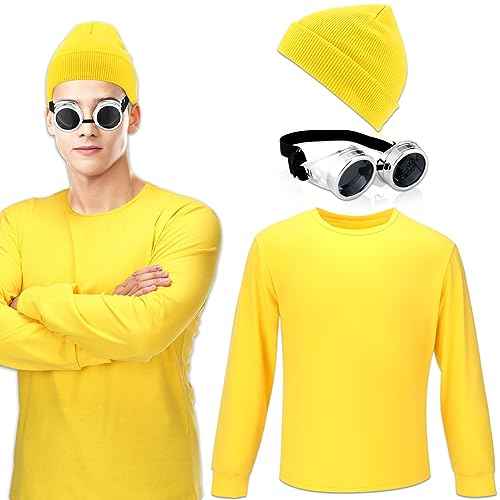 Ramede 3 Pcs Simple Halloween Costume Set Includes Yellow Long Sleeve T-Shirt Cuffed Beanies Hat and Steampunk Goggles