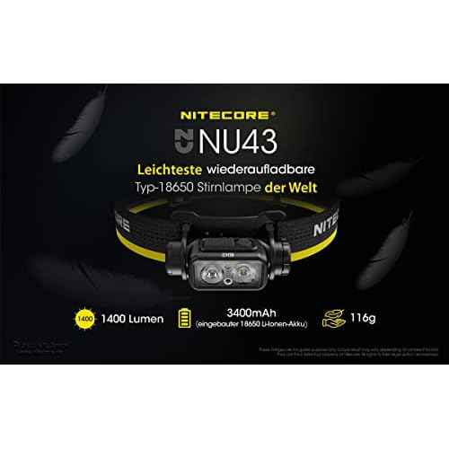 Nitecore Headlamp NU43 Lightweight USB C Rechargeable LED Head Torch 1400 Lumens 130m Beam Range Red Light for Night Vision