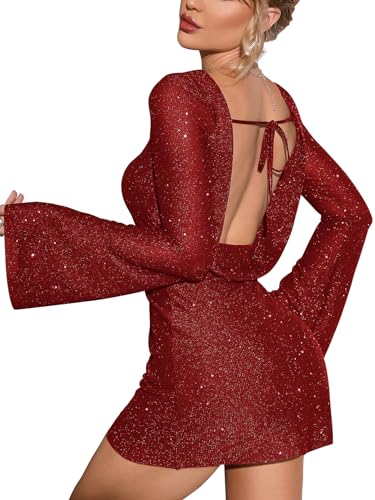 EYNMIN Sparkly Sequin Mini Dress Long Sleeve Backless Tie Glitter Short Going Out Dresses for Women