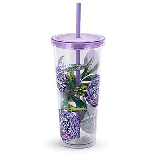 Travel Tumbler with Lid and Straw, 24 Ounce Insulated Cup, Purple Floral Plastic Double Wall Tumbler, Lavender Meadow
