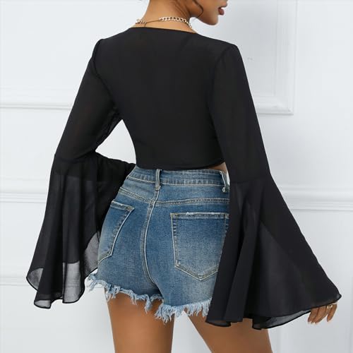 Mesh Tops for Women Bell Sleeve Rave Outfits Tie Front Crop Top Long Sleeve Shirt Sheer Blouse Festival