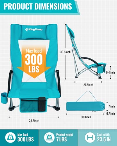 KingCamp Low Beach Chairs, Folding Portable Chair for Adults Lightweight Extra Wide Seat 300lbs Heavy Duty Oversized Backp...