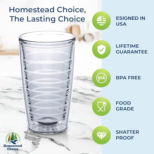 Homestead Choice 16oz Insulated Tumblers Plastic Keeps Drinks Cold & Hot, 4pack Double Walled Clear Insulated Drinking Gla...
