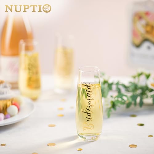 NUPTIO Stemless Champagne Glasses Bridesmaid: Bridal Shower Party Prosecco Flutes Tumbler Wedding Gift Clear Gold Embossed