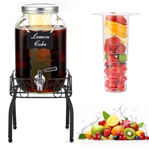 Glass Drink Dispensers for Parties, Beverage Dispenser with Stand, Ice Cylinder and Stainless Steel Spigot 100% Leakproof,...