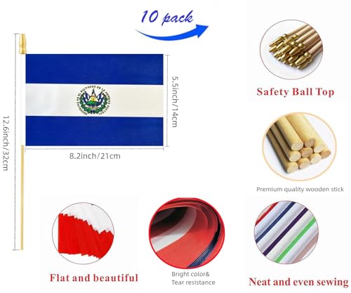 10 Pack El Salvador Flags -SLV Handheld Flag- 5x8 in,Salvadorean Mini Flag. Suitable For Party Decorations, Store Display...