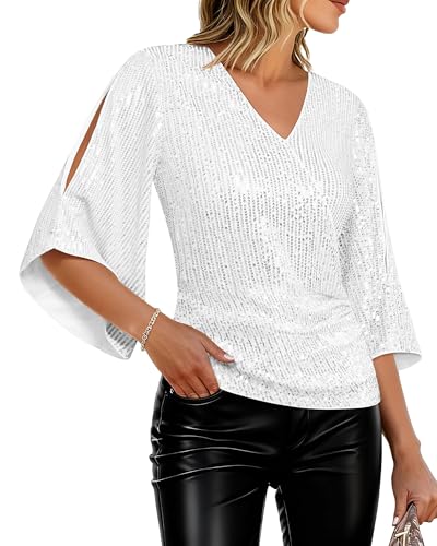 GRACE KARIN Womens Sparkly Sequin Tops,3/4 Sleeve Glitter Party Dressy Blouse,V-Neck Disco Evening Club Concert Shirt