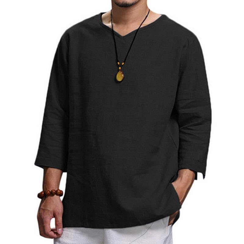 Men's Casual Cotton Linen Long Sleeve Shirt Beach Hippie T-Shirts Lightweight Loose Tops