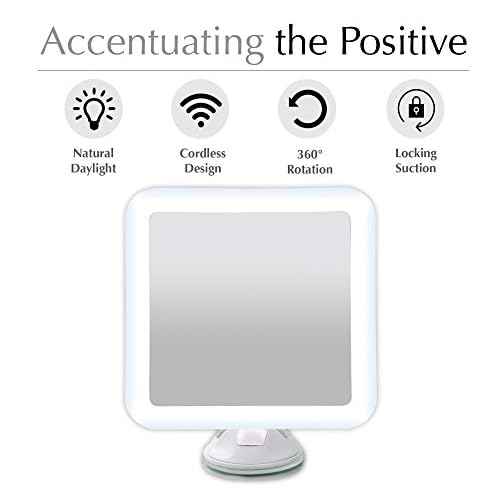 Fancii 10X Magnifying Lighted Makeup Mirror - Daylight LED Vanity Mirror - Compact, Cordless, Locking Suction, 6.5" Wide, 360 Rotation, Portable Illuminated Bathroom Mirror (Square)