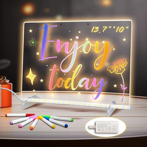 LED Note Board with Colors, 13.7"X10" 6 Modes & 8 Colors Acrylic Dry Erase Boards with Light, Include Adapter, Hanging Cha...