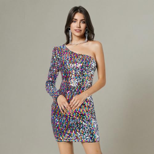 THANKPEARL Women's Sequin One Shoulder Dress Long Sleeve Sparkly Cocktail Club Tight Bodycon Christmas Dresses
