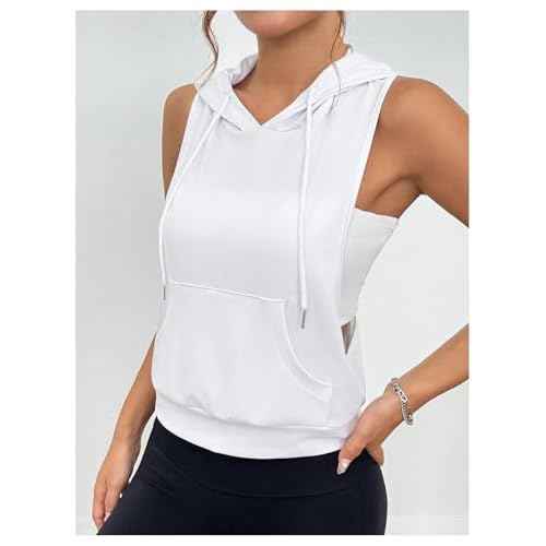 SweatyRocks Women's Sleeveless Low Cut Racerback Hoodies Workout Tops Cropped Hooded Tanks with Pocket