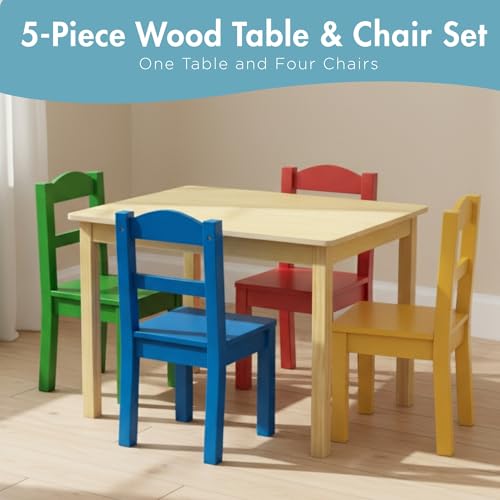 Humble Crew Kids Wooden Table and 4 Chairs Set, Natural/Primary - Kids Table and Chair Set for Toddlers and Children for A...