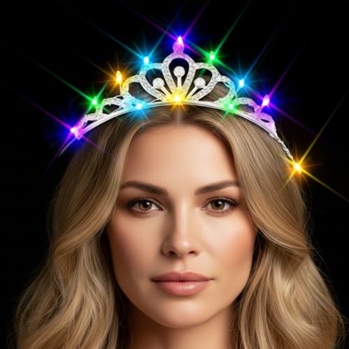 JEWEKY Light Up Tiara Glow Silver Led Rhinestone Princess Crown Birthday Hair Accessories for Women (01, One Size)