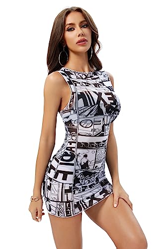 ABMOIU Sexy Mini Print Mesh Dress for Women, See Through Sleeveless Stretchy Bodycon Short Summer Dresses