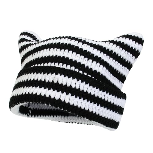 Women Beanie Warm Winter Hats Vintage Beanies Hat Cute Cat Ears Hats Winter Warm Knitted Stripe Accessories Slouchy Headgear