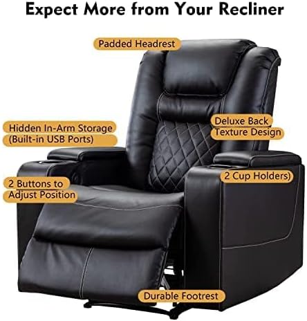 CANMOV Electric Power Recliner Chair Set of 4, Breathable Leather Home Theater Seating with Hidden Arm Storage, Power Recliner Chair for Living Room with USB Ports and Cup Holders,Black