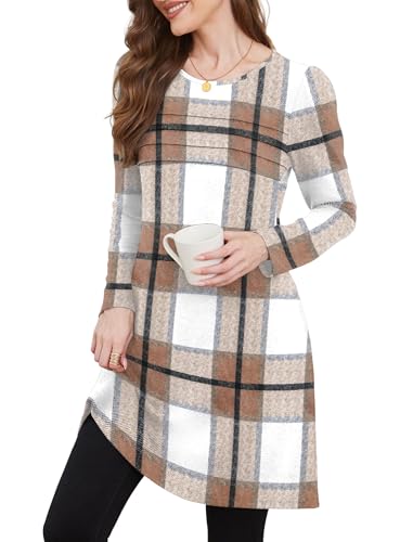 OFEEFAN Womens Long Sleeve Tunic Dress Fall Fashion Sweater Dress with Pockets Pleated Front Casual Winter