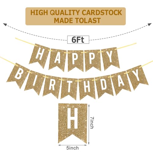 Pre-Strung Gold Happy Birthday Banner Decorations,12 ft No DIY Gold Glitter Birthday Party Banner Sign Decor for Women Men...