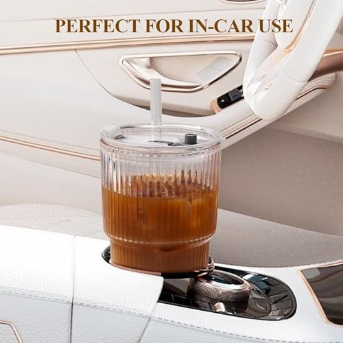 Snextek 20oz Ribbed Glass Tumblers with Lids and Glass Straws -4-Piece Set, Thickened for Iced Coffee, Smoothies,Cocktails...
