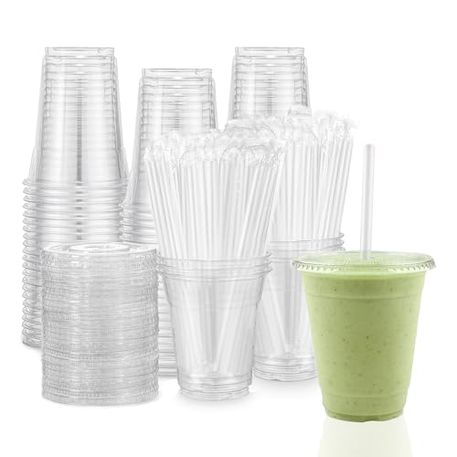 TashiBox[100 sets 12 oz plastic cups with lids and straws disposable, lemonade stand supplies,coffee essentials,smoothie cups