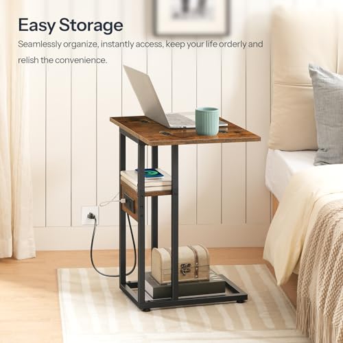 HOOBRO Foldable End Table, C Shaped Side Table with Charging Station, Sofa Couch Table That Slide Under for Living Room Be...