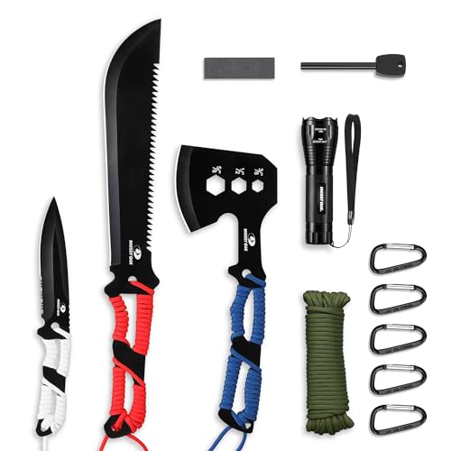 Mossy Oak Hatchet and Machete Knife Set with Sheath, One-Piece Axe & Hunting Knives with Paracord Handle, Zoomable Flashli...