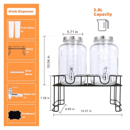 1 Gallon Glass Drink Dispensers For Parties-Set of 2,Drink Dispenser with Fruit Infuser & Stand,Juice or Beverage Dispense...