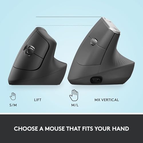 Logitech Lift Vertical Ergonomic Mouse, Wireless Bluetooth or USB Receiver, Quiet Clicks, 4 Buttons, Right Hand Wireless M...