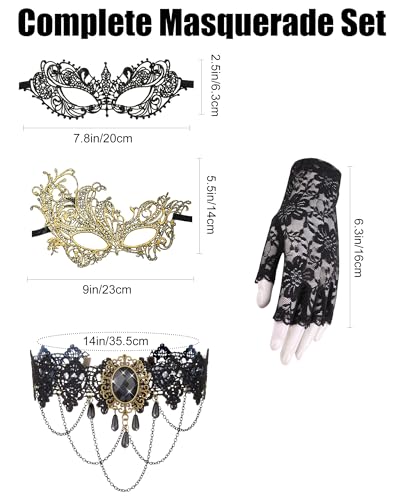 Quafochi 4pcs Masquerade Mask Set for Women – Gothic Choker, Gloves & Lace Masks, Adjustable & Lightweight for Halloween, ...