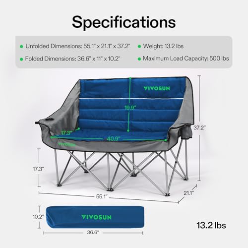 VIVOSUN Double Camping Chair, Fully Padded Folding Loveseat, Oversized Duo Chair with Cup & Wine Glass Holders, Pocket, Ar...