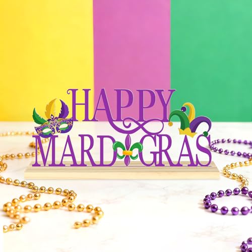 Happy Mardi Gras Metal Table Sign, Mardi Gras Table Decoration Centerpiece, Metal Letter Sign with Wooden Base, Holiday Ta...