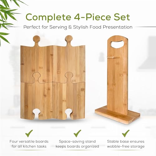 UniBrands 4pcs Bamboo Boards Set with Stand, charcuterie, serving, platters.