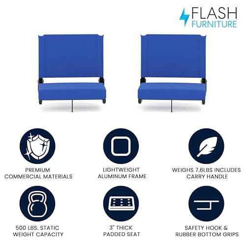 Flash Furniture Grandstand Portable Stadium Seats for Bleachers or Benches, Folding Padded Stadium Chairs with Handle, Pack of 2, 500 lb. Weight Capacity, Blue