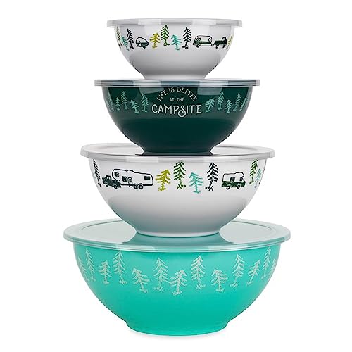 Camco Nesting Bowl Set with Lids - Features Life is Better at The Campsite Design - Camping Dishware Set Includes 4 Durabl...