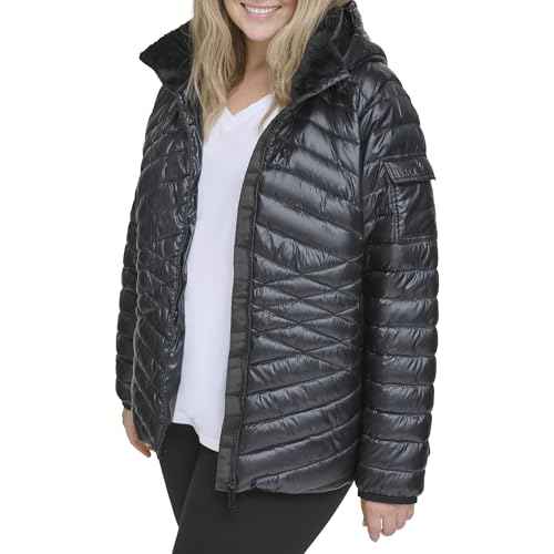 Calvin Klein Womens Scuba Sleeve Hooded Diamond Waist JacketPuffer Jacket