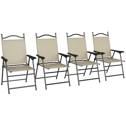 Outsunny Folding Patio Chairs, Set of 4 Sports Chairs for Adults, Camping Chairs with Armrests, Breathable Mesh Fabric Sea...