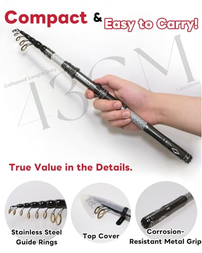 FINNECT Telescopic Fishing Rod - Lightweight 42T Carbon Fiber Portable Travel Rod for Freshwater River Fishing, Beginner &...