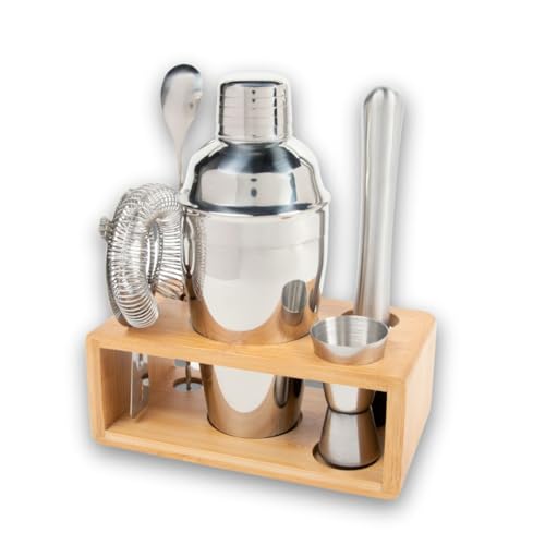 Premium Cocktail Shaker Set with Bamboo Stand, 4-Piece Bar Tools Kit, Stainless Steel Bartender Set with Shaker, Jigger, M...