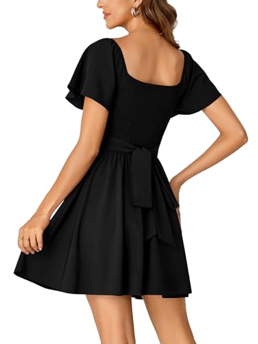 Rooscier Women's Tie Back Square Neck Wrap Ruffle Short Sleeve Flare Mini Dress