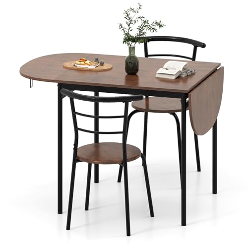 GOFLAME 3-Piece Drop Leaf Dining Table Set, Extendable Kitchen Breakfast Table with 2 Chairs, Space Saving Folding Dining ...