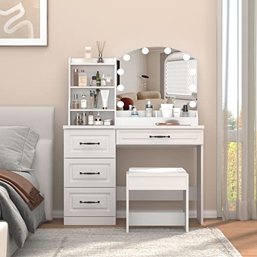Vabches Makeup Vanity Desk with Lights and 4 Drawers, White Vanity Set Makeup Table Lots Storage, 3 Lighting Colors, Large Size 39.4in(L)