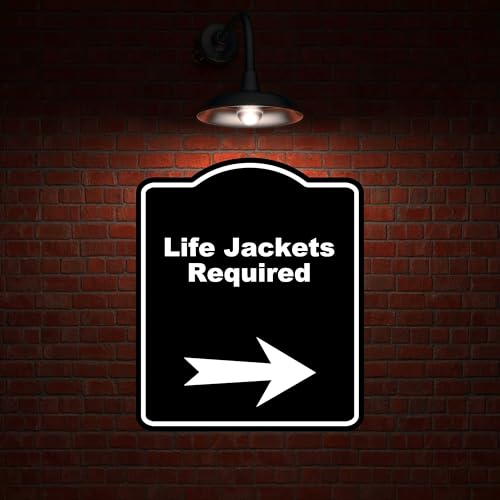Life Jackets Required Black Sign Arrow Right Aluminum Composite Sign 20 x 24 inches