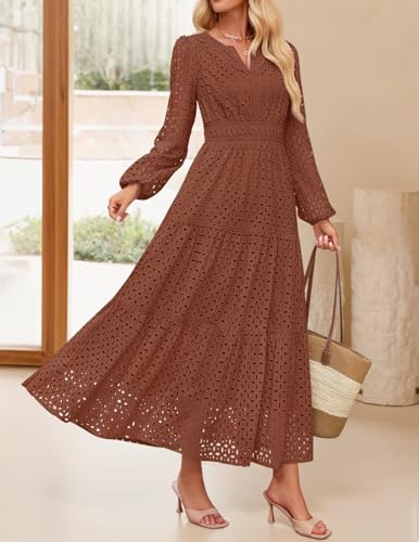 ZESICA Women's 2026 Spring Long Sleeve Maxi Dress V Neck Hollow Out Eyelet A Line Long Flowy Casual Party Dresses