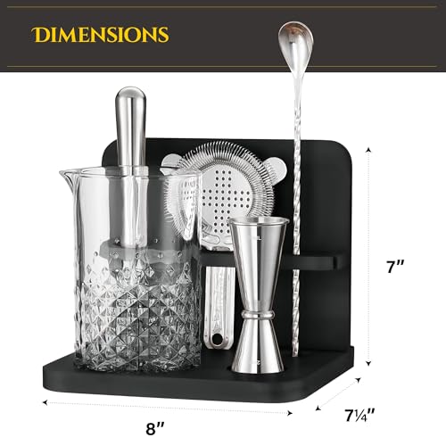 Crystal Cocktail Mixing Glass Set with Bamboo Stand - 22 Oz 650ml - Thick and Sturdy Bottom, Durable and Seamless Design w...