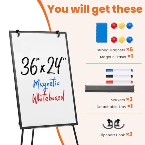 Sweetcrispy Whiteboard Easel 36 x 24 Inches, Magnetic Dry Erase White Board, Portable Boards Height Adjustable, Dry Erase ...